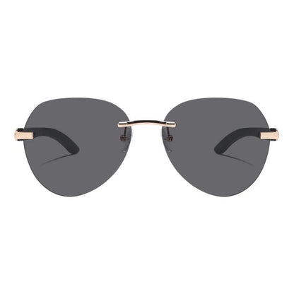 dragon frameless style sunglasses with black lenses front view of sunglasses on white background