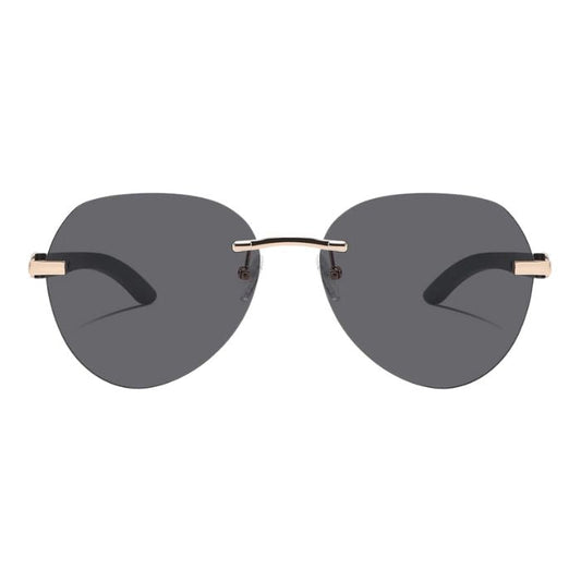 dragon frameless style sunglasses with black lenses front view of sunglasses on white background