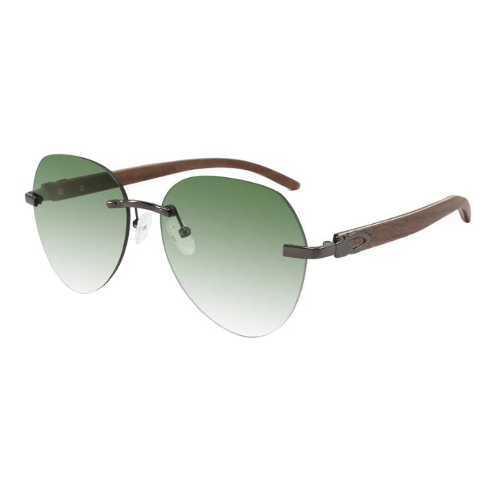 dragon frameless style sunglasses with smoke green lenses over view of sunglasses on white background