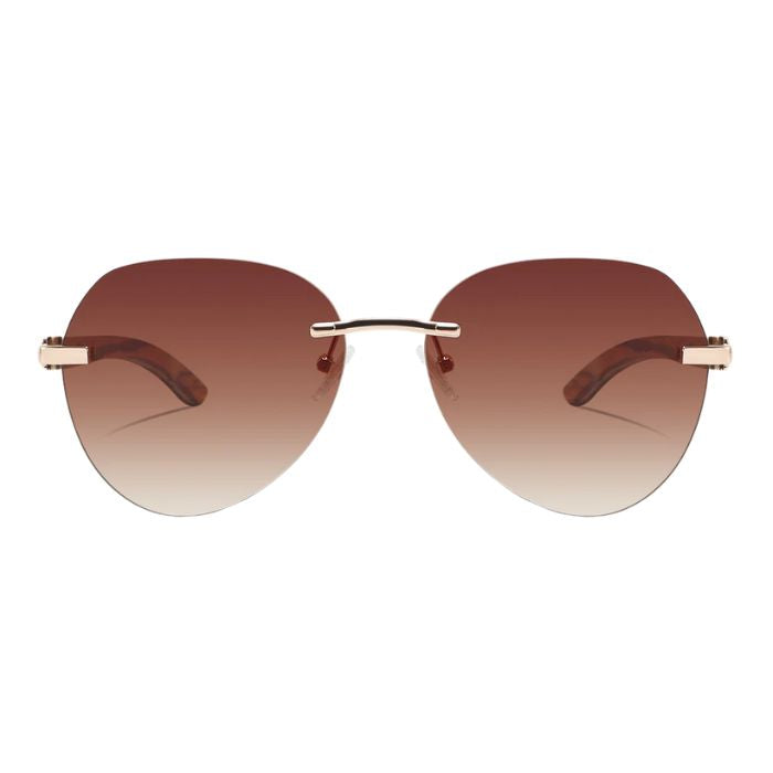 dragon frameless style sunglasses with tan brown lenses front view of sunglasses on white background