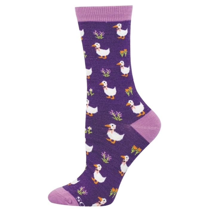 purple crew sock with white ducks and purple flower print on white background 