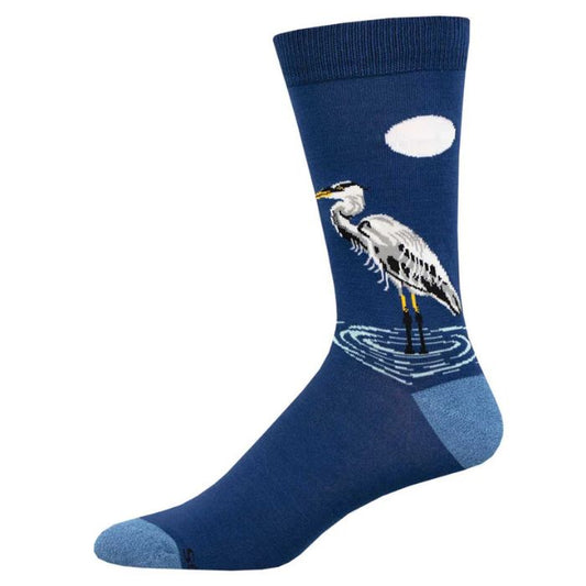 Eager egret sock blue sock with egret bird print on white background
