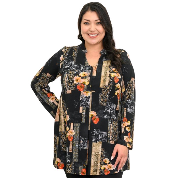 a woman wearing golden garden print edwina tunic waist up front view set on a studio white background