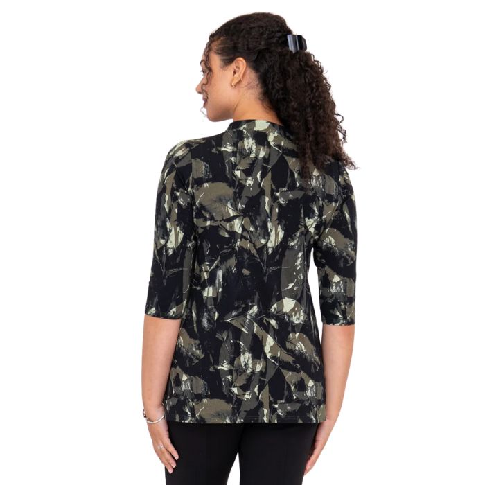 top half of female model wearing khaki oak print edwina top back view on white background