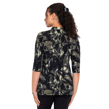 top half of female model wearing khaki oak print edwina top back view on white background