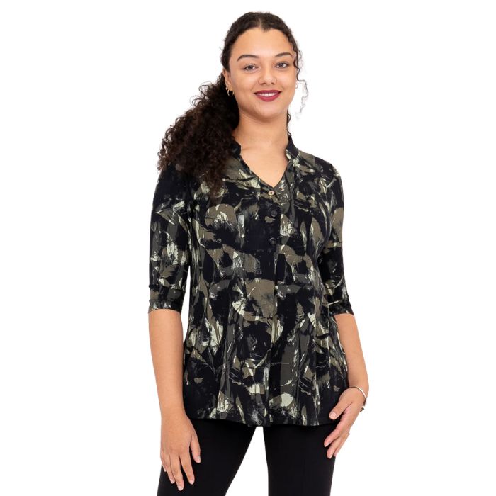 top half of female model wearing khaki oak print edwina top front view on white background