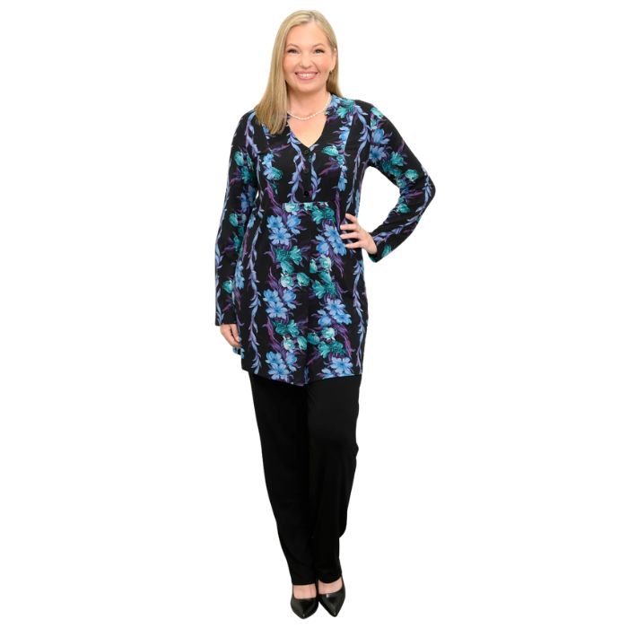 a woman wearing blue hour print edwina tunic top and black bella pants front view set on a studio white background