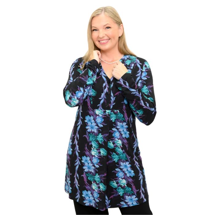 a woman wearing blue hour print edwina tunic waist up front view set on a studio white background