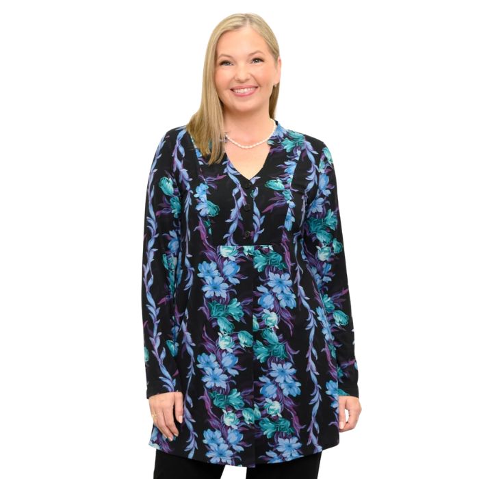 a woman wearing blue hour print edwina tunic waist up front view set on a studio white background