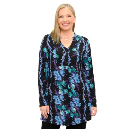 a woman wearing blue hour print edwina tunic waist up front view set on a studio white background
