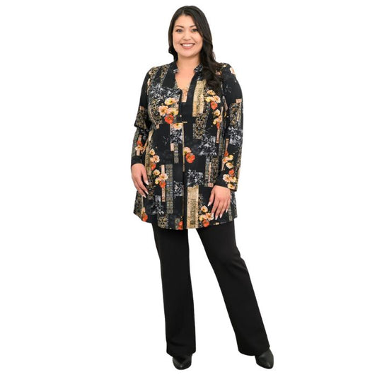 a woman wearing golden garden print edwina tunic top and black daya pants front view set on a studio white background