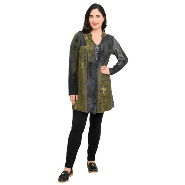 a woman wearing rustic khaki print edwina tunic top and black nadia pants front view set on a studio white background