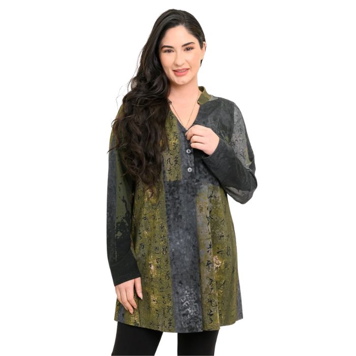 a woman wearing rustic khaki print edwina tunic waist up front view set on a studio white background
