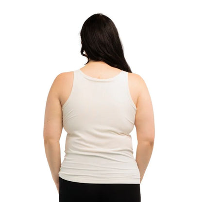 female model wearing cream white effortless bra in tank top back view on white background