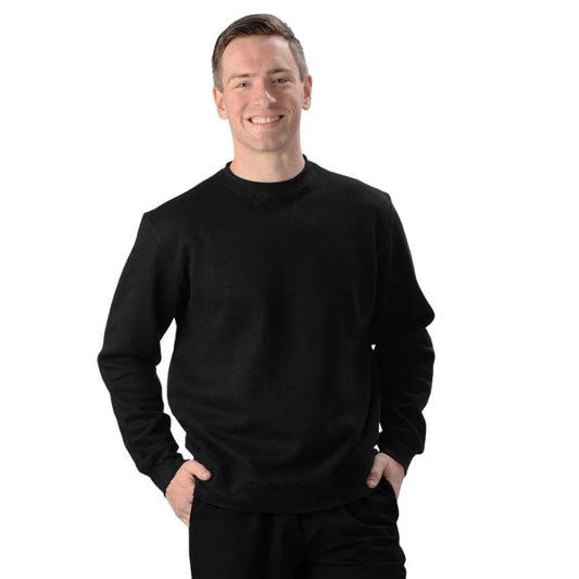 male model wearing black elisha pullover sweatshirt front view on white background