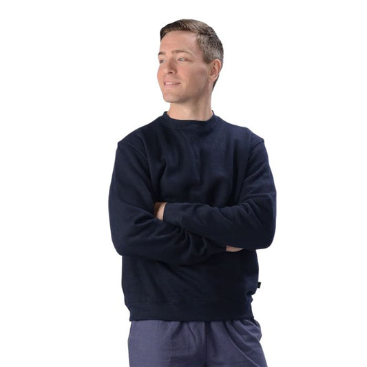 male model wearing navy blue elisha pullover sweatshirt front view on white background