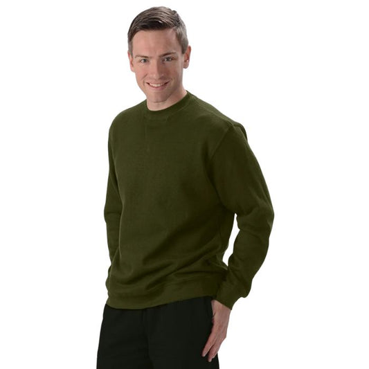 male model wearing olive green elisha pullover sweatshirt front view on white background