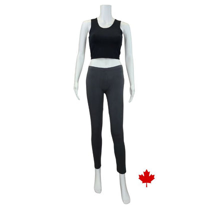 white mannequin wearing charcoal grey elle full length leggings and black stephanie crop tank top front view on white background