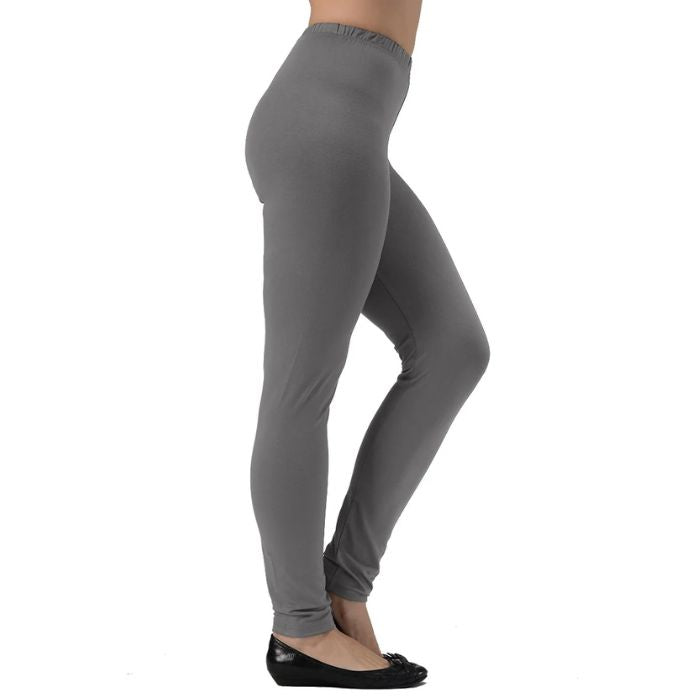 bottom of female model wearing light grey elle full length leggings side view on white background