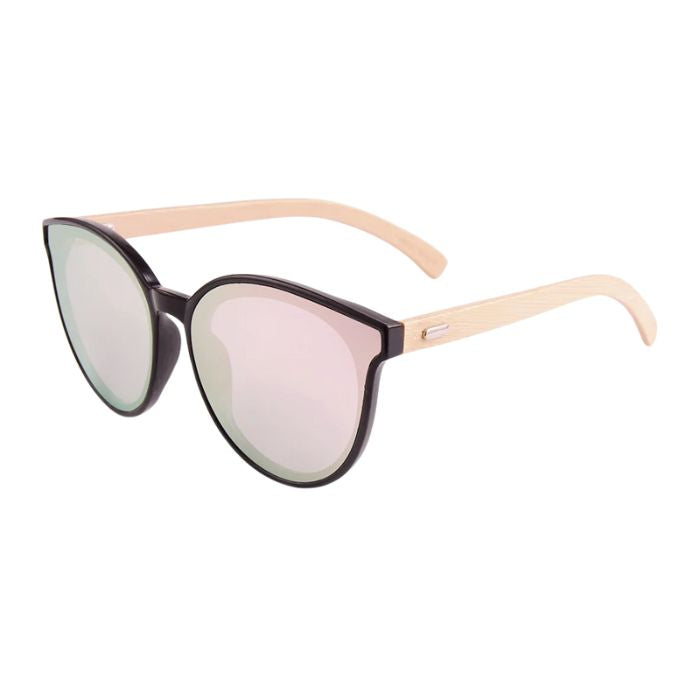 elm sunglasses black frames and pink mirror lenses over view on white background