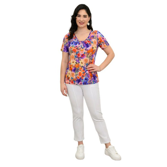female model wearing violet fiesta print emery top and white nadine cropped pants front view on white background