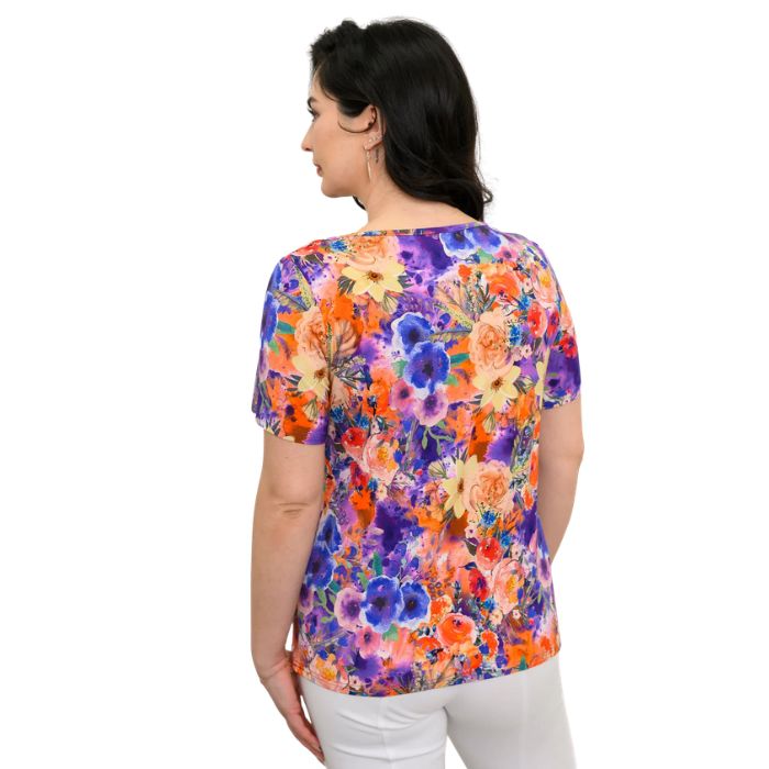female model wearing violet fiesta print emery top back view on white background