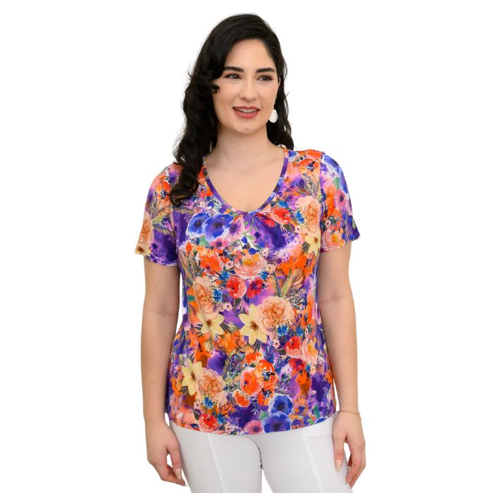 female model wearing violet fiesta print emery top front view on white background