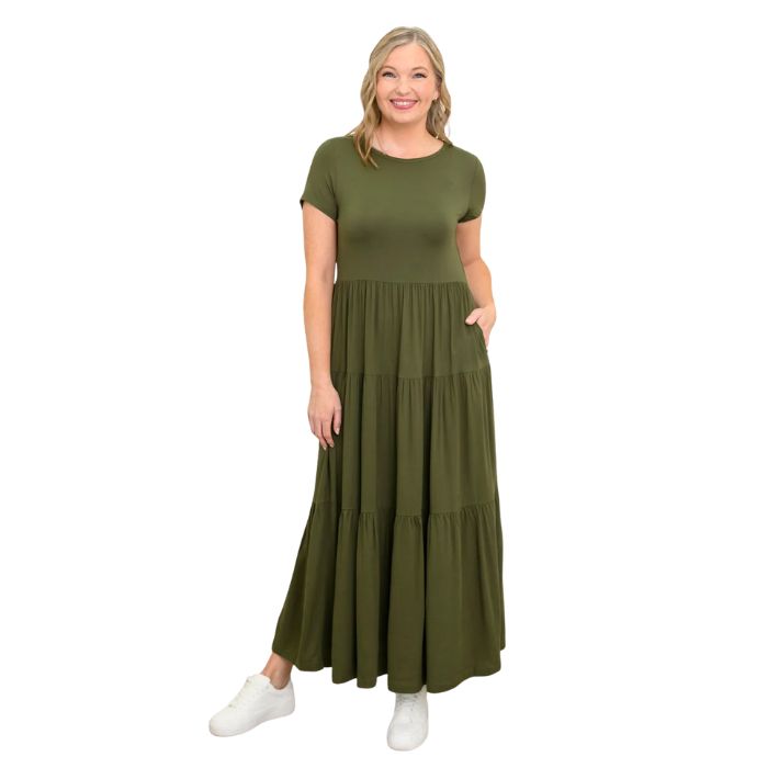 female model wearing khaki green erin dress front view on white background