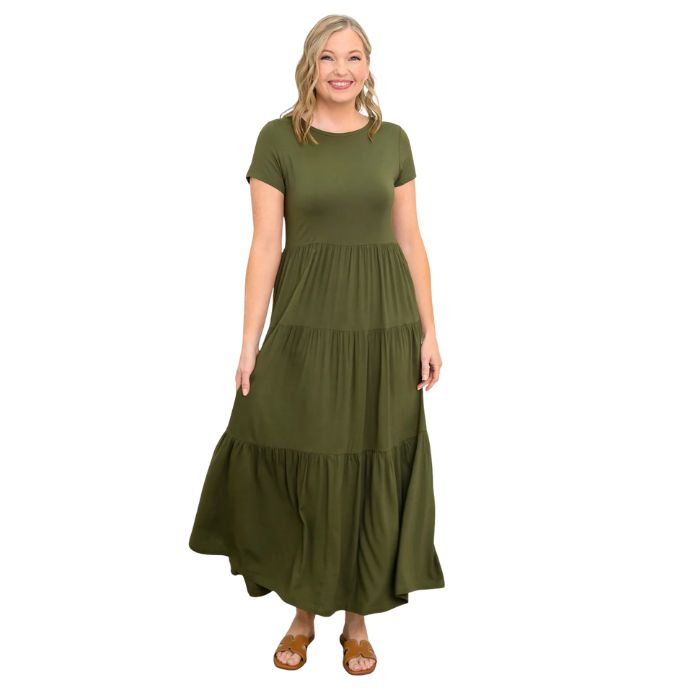 female model wearing khaki green erin dress front view on white background