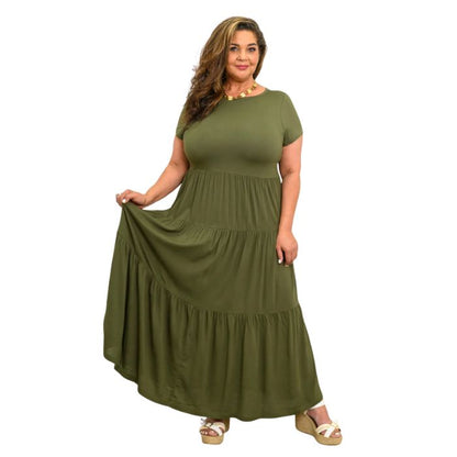 female model wearing khaki green erin dress front view on white background