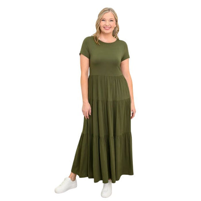 female model wearing khaki green erin dress front view on white background