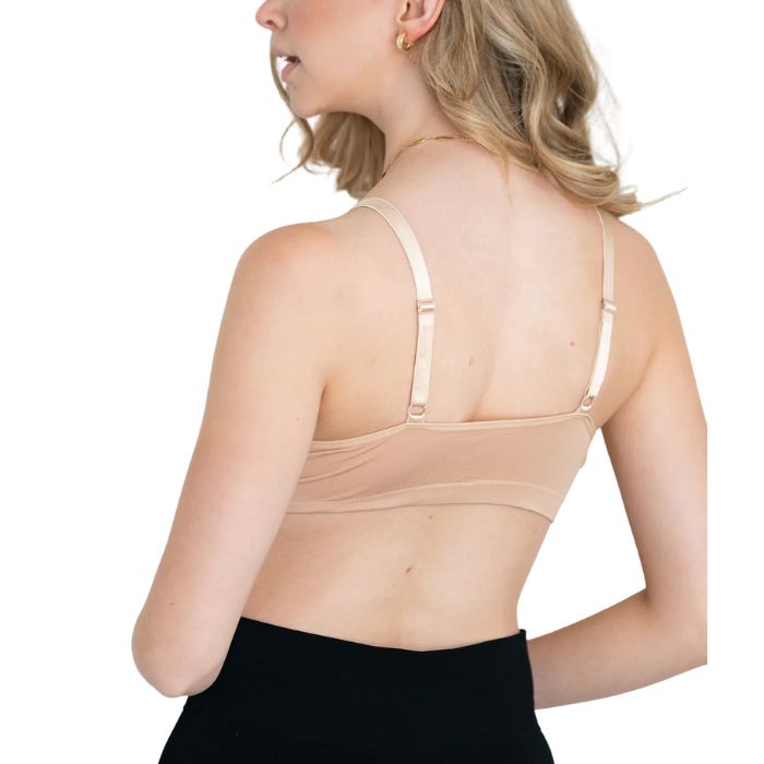 female model wearing beige brown terrera seamless adjustable bralette back view on white background