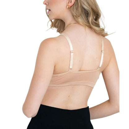 female model wearing beige brown terrera seamless adjustable bralette back view on white background