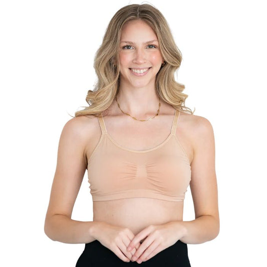 female model wearing beige brown terrera seamless adjustable bralette front view on white background