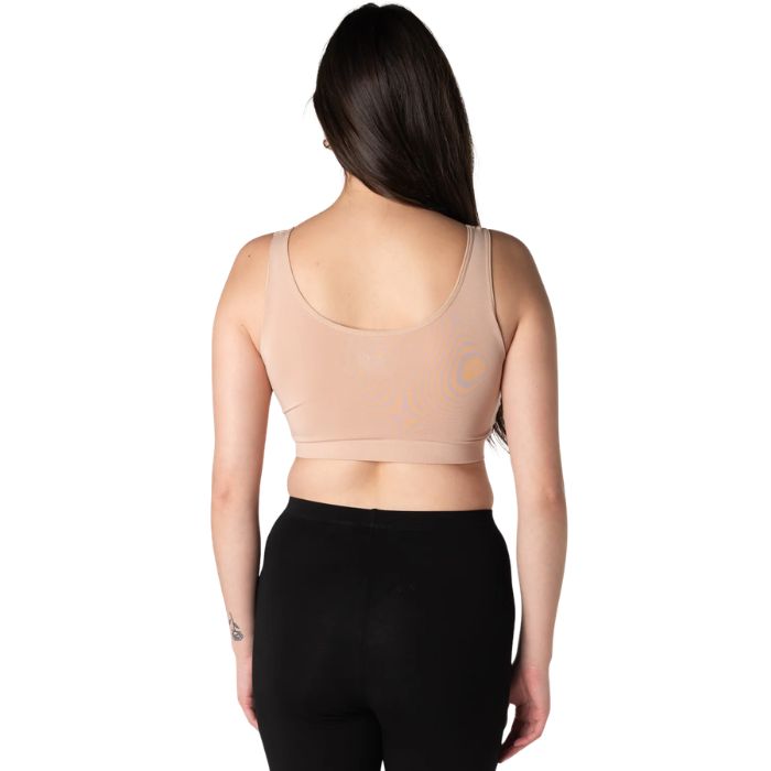 female model wearing beige brown essential bralette back view on white background