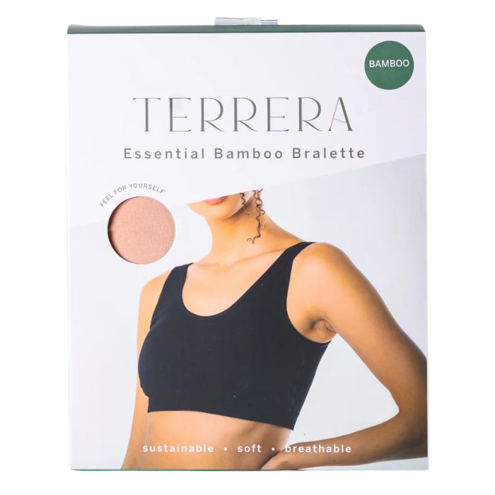 beige brown essential bralette package front view on white background