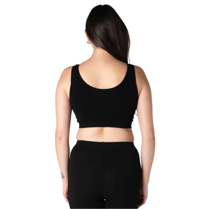 emale model wearing black essential bralette back view on white background