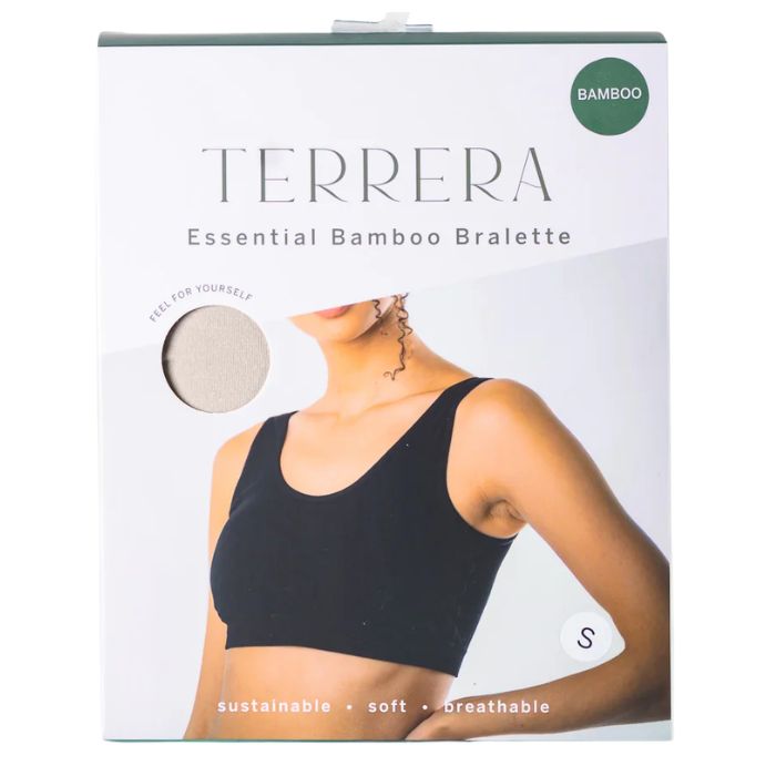 cream white essential bralette package front view on white background