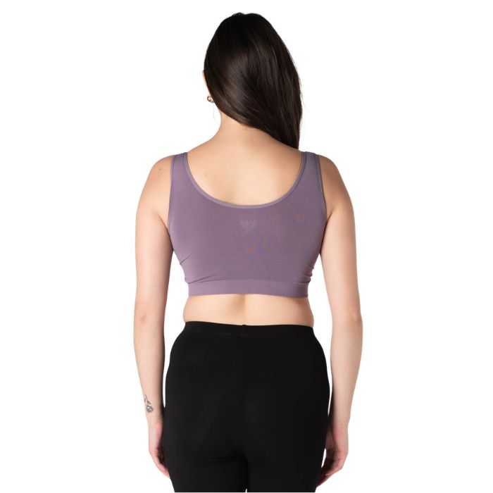 female model wearing dusty purple essential bralette back view on white background