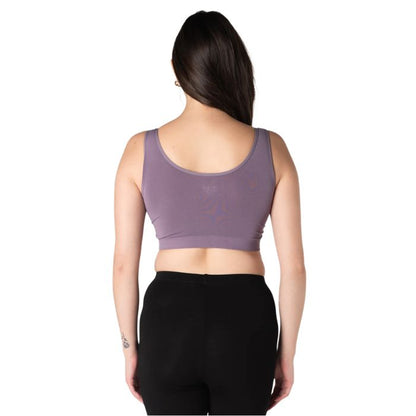 female model wearing dusty purple essential bralette back view on white background