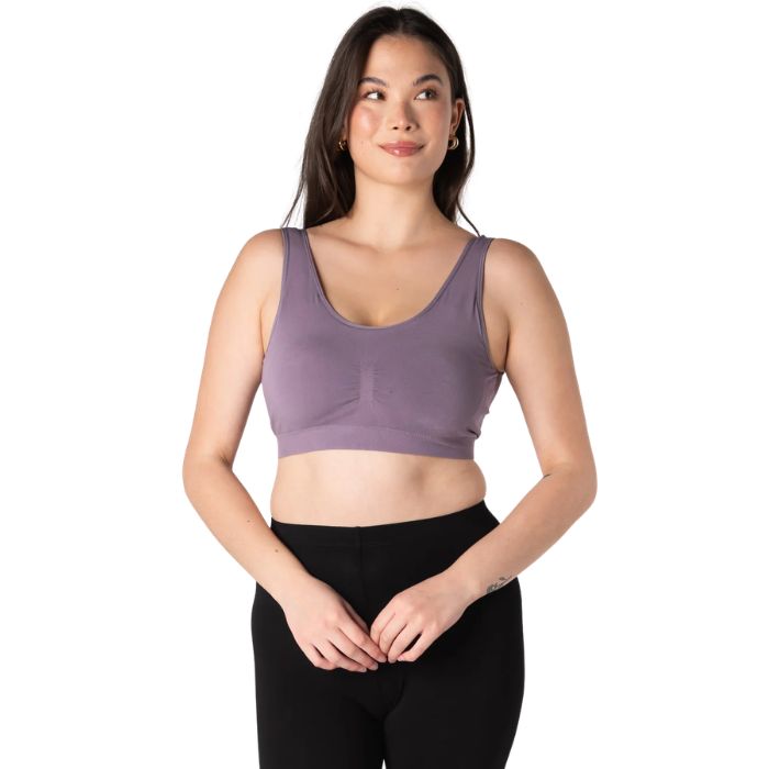 female model wearing dusty purple essential bralette front view on white background