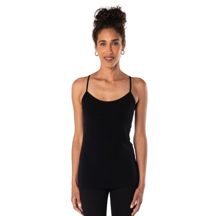 female model wearing black essential cami tank top front view on white background