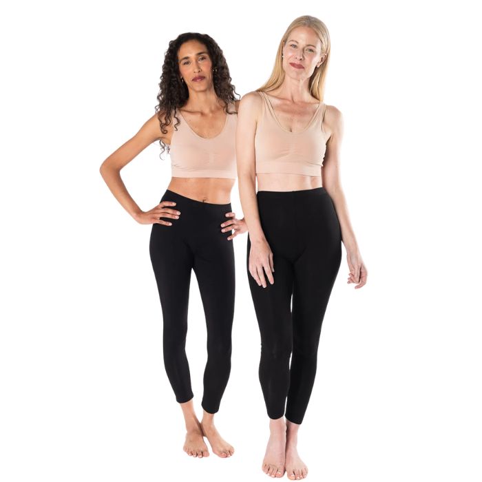 female models wearing beige brown terrera essential v-neck bralette and black suri leggings front view on white background