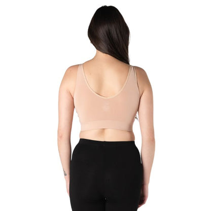 female model wearing beige brown terrera essential v-neck bralette back view on white background