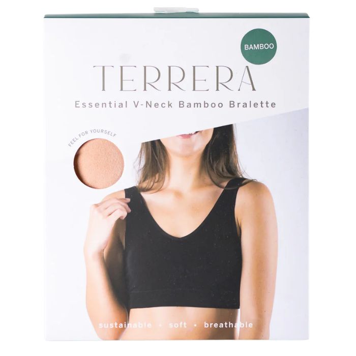beige brown terrera essential v-neck bralette package front view on white background