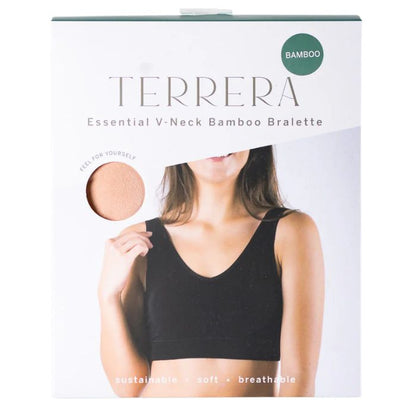 beige brown terrera essential v-neck bralette package front view on white background