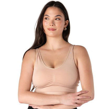 female model wearing beige brown terrera essential v-neck bralette front view on white background