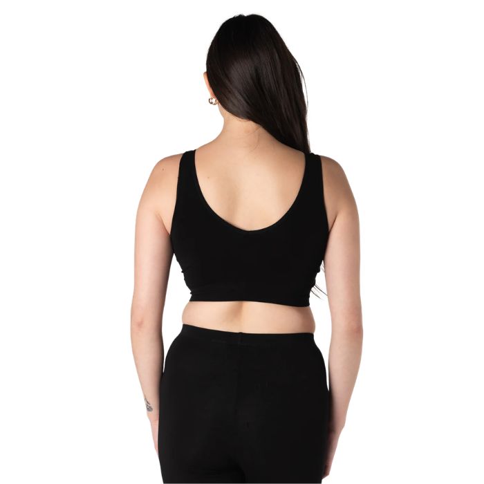 female model wearing black terrera essential v-neck bralette back view on white background