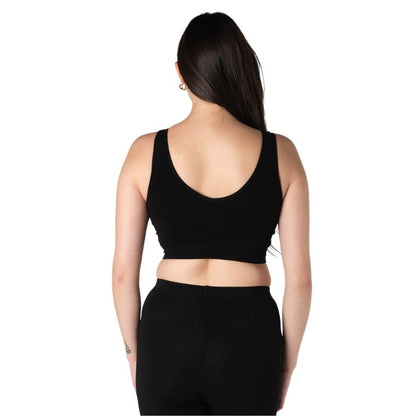 female model wearing black terrera essential v-neck bralette back view on white background