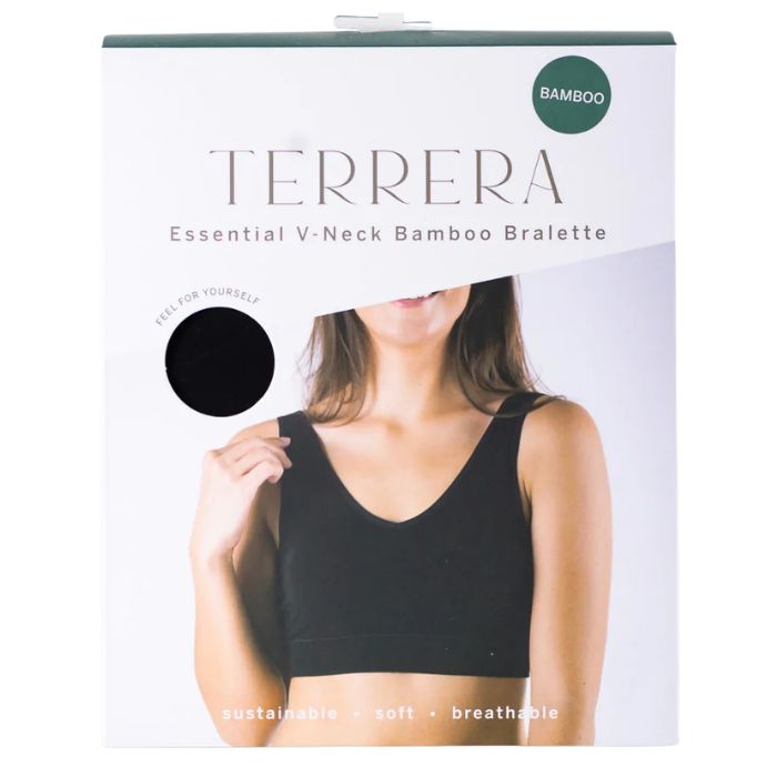black terrera essential v-neck bralette package front view on white background
